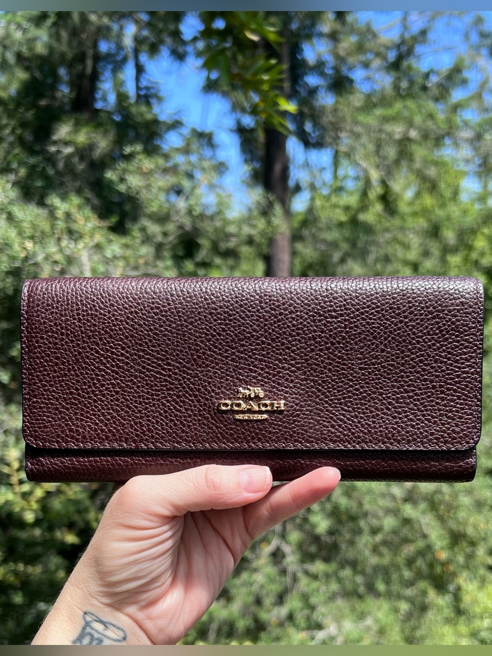 COACH VINTAGE Trifold Pebbled Leather Wallet Oxblood Brn/Purple w Gold Hardware